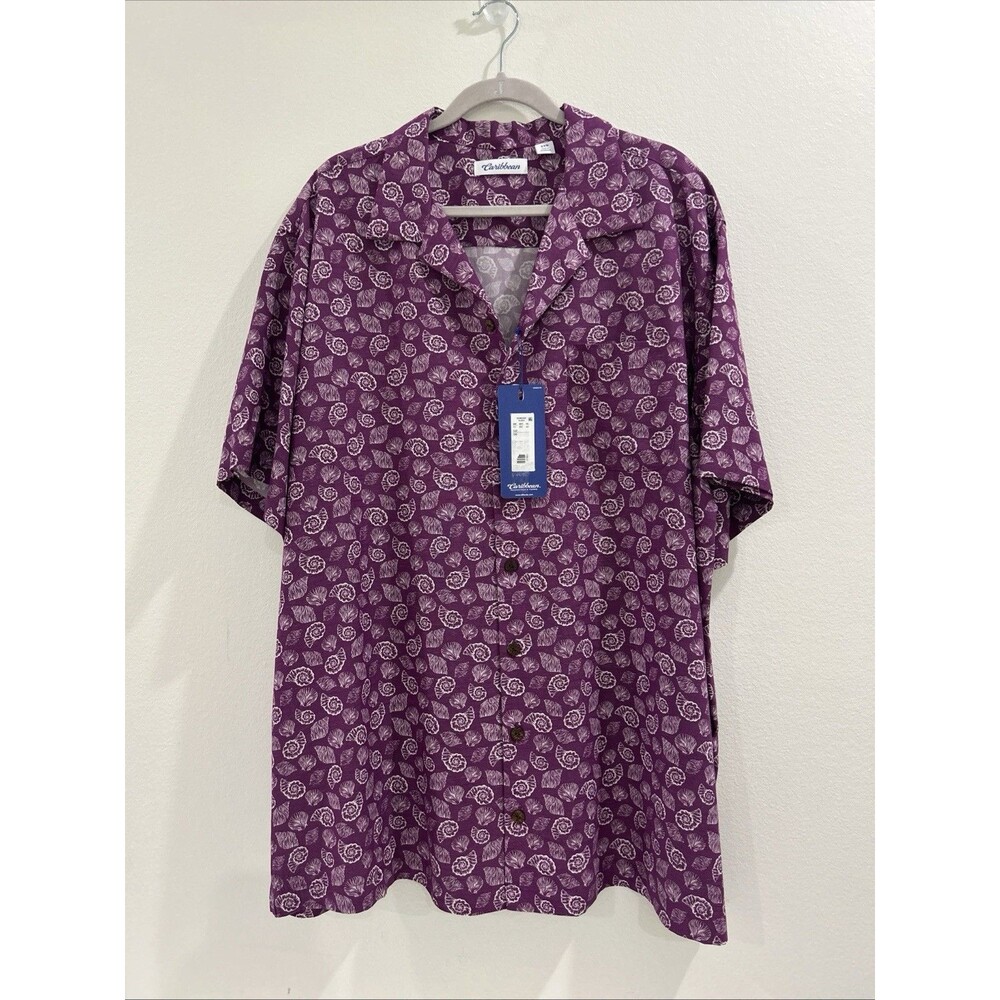 Caribbean Mens 2XB Shirt Purple Tropical Button Up Short Sleeve NWT